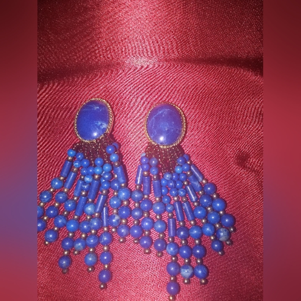 Elegant Blue Lapis, Beaded Clip On Earrings.'80s